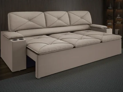 Sofá com Porta Copos Retrátil e Reclinável Pop 205cm Velosuede Capuccino