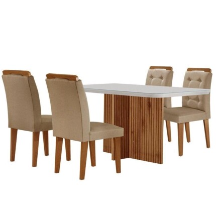 Sala De Jantar Mesa Olímpia 120cm Mdf Vidro Canto Copo Com 4 Cadeiras Turim Off White Imbuia