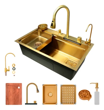 Cuba Pia Cozinha Premium Dourada Smart Completa + Torneira