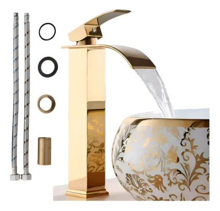 Torneira Dourada Monocomando Cascata Alta Lavabo Banheiro Yesop